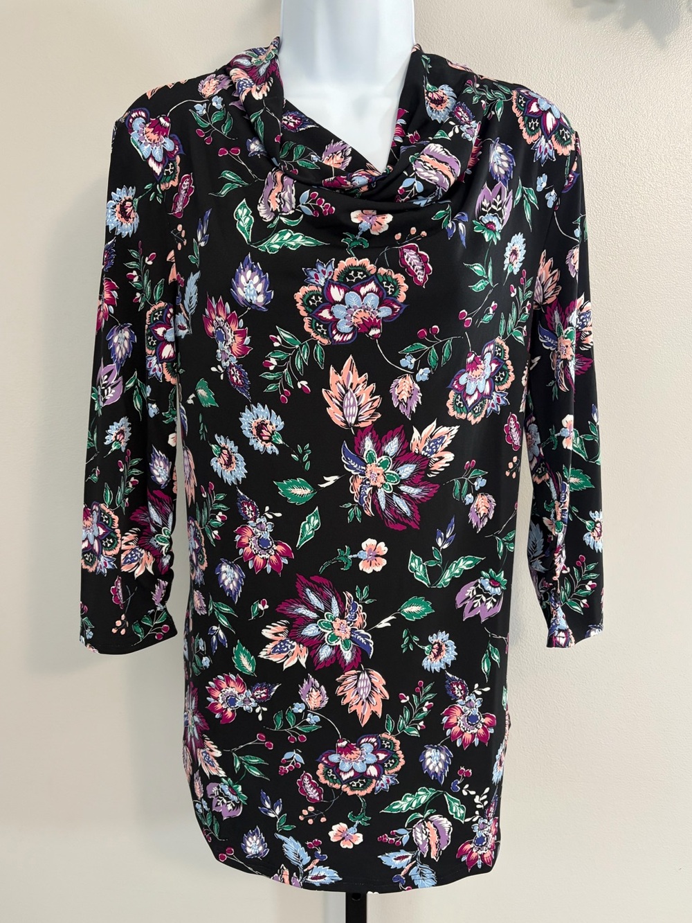 NWT Leota Black Floral Cowl Neck Long Sleeve Tunic